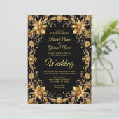 Golden Floral Wedding Invitation Kaart (Staand voorkant)