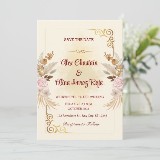 Golden Floral Wedding Kaart (Staand voorkant)