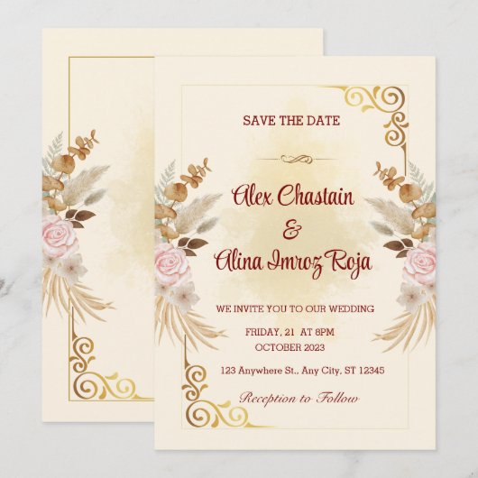 Golden Floral Wedding Kaart (Voorkant / Achterkant)