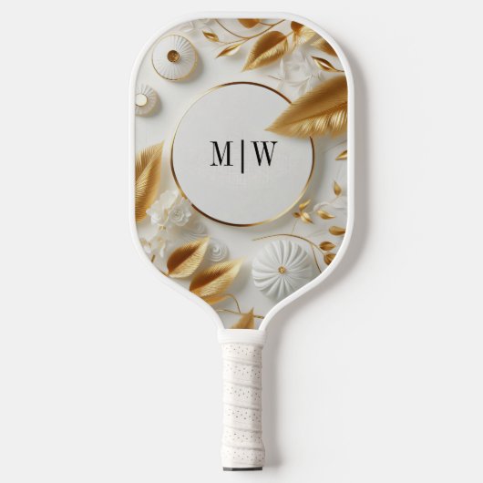 Golden Floral White | Zwart Monogram Modern Script Pickleball Paddle (Voorkant)