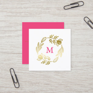 Golden Floral Wreath & Roze Monogram Vierkante Visitekaartje