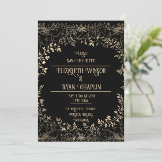 Golden Floral Zwart Elegant Save The Date (Staand voorkant)