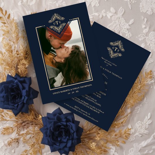 Golden Flourish Classic Ornament Photo Navy Blue Kaart