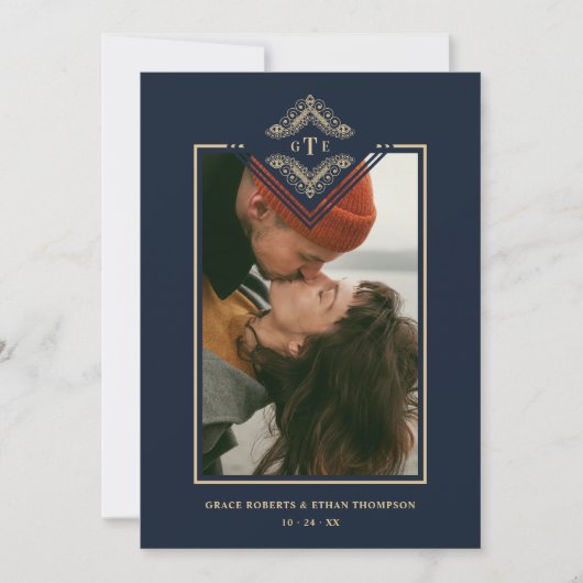 Golden Flourish Classic Ornament Photo Navy Blue Kaart (Voorkant)
