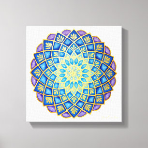 Golden Flower Blue Paars Mandala Canvas Afdruk