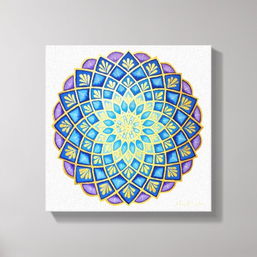 Golden Flower Blue Paars Mandala Canvas Afdruk (Voorkant)