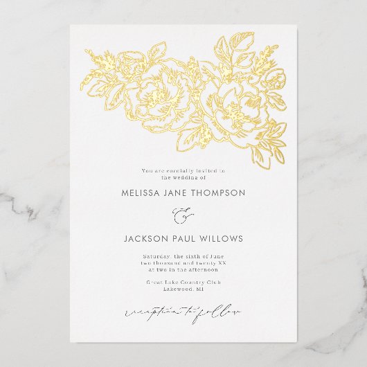 Golden flower hoekelegant huwelijksontwerp folie uitnodiging (Voorkant)