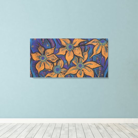 Golden Flowers, abstracte bloemen, paars sinaasapp Canvas Afdruk (Insitu (Houten vloer))