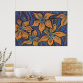 Golden Flowers, abstracte bloemen, paars sinaasapp Poster (Keuken)