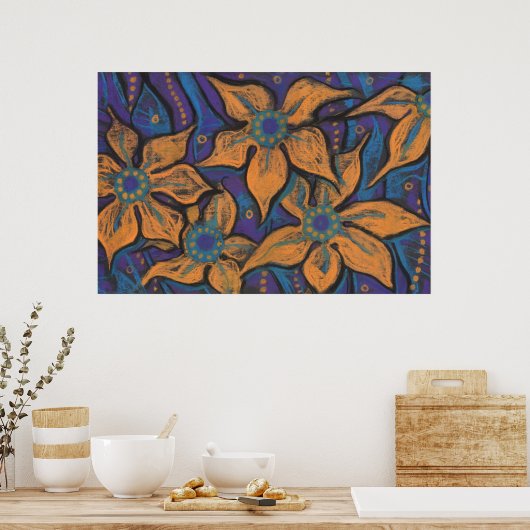 Golden Flowers, abstracte bloemen, paars sinaasapp Poster (Keuken)