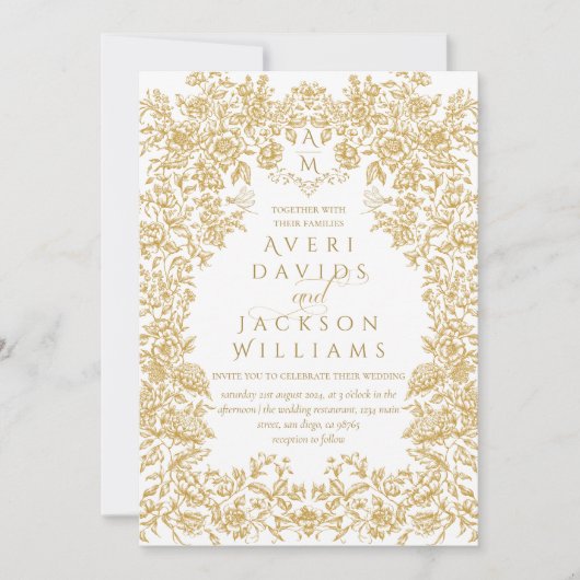 Golden Flowers  Eleganse Monogram Bruiloft Kaart (Voorkant)
