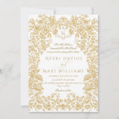 Golden Flowers  Eleganse Monogram Bruiloft Kaart (Voorkant)