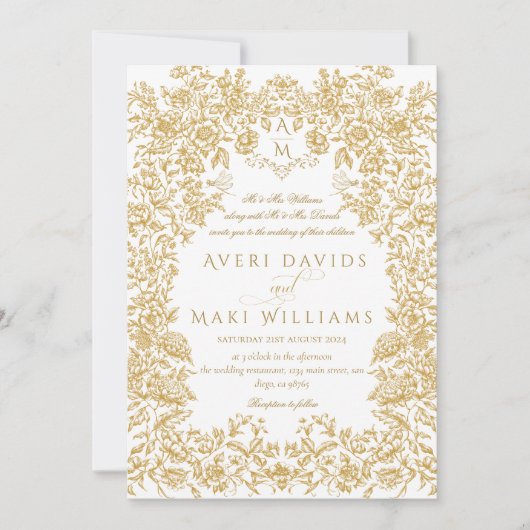 Golden Flowers  Eleganse Monogram Bruiloft Kaart (Voorkant)