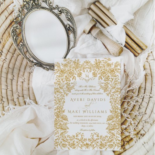 Golden Flowers  Eleganse Monogram Bruiloft Kaart