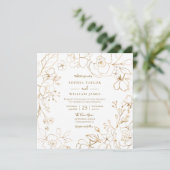 Golden Flowers Elegant Modern White Wedding Invita Kaart (Staand voorkant)