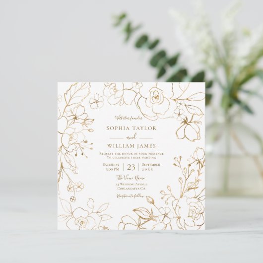 Golden Flowers Elegant Modern White Wedding Invita Kaart (Staand voorkant)