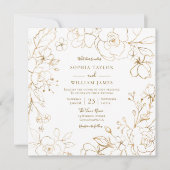 Golden Flowers Elegant Modern White Wedding Invita Kaart (Voorkant)