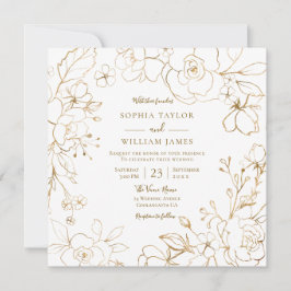 Golden Flowers Elegant Modern White Wedding Invita Kaart