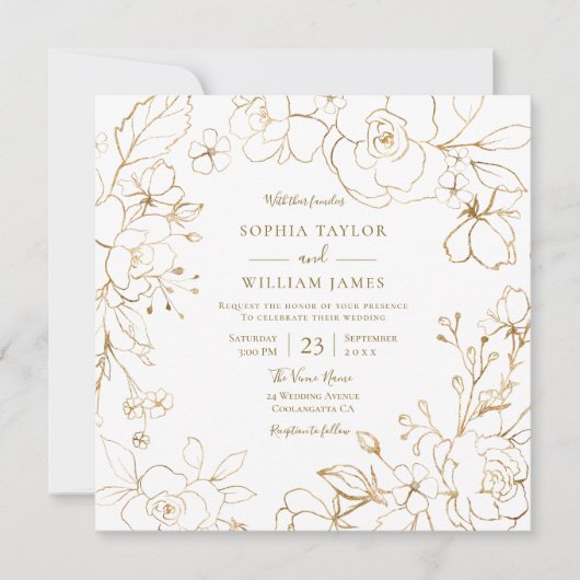Golden Flowers Elegant Modern White Wedding Invita Kaart (Voorkant)