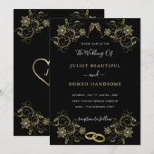 Golden Flowers Love Gold Black Weduwen Uitnodiging (Voorkant / Achterkant)