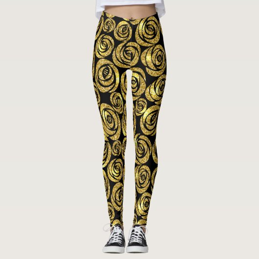 Golden Flowers on Black Background Leggings (Voorkant)