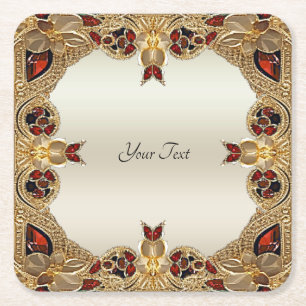 Golden Flowers Red Edelsteen Papier Onderzetter