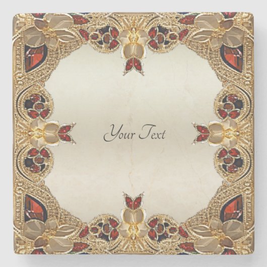 Golden Flowers Red Edelsteen Stone Onderzetter (Voorkant)