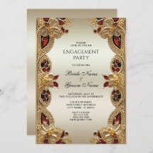 Golden Flowers Red Edelsteen Verloving Uitnodiging