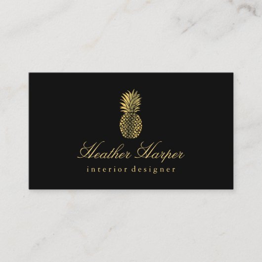 Golden Foil Pineapple Script Visitekaartje Black (Voorkant)