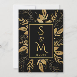 Golden Foliage | Elegant Gold Black Wedding Kaart