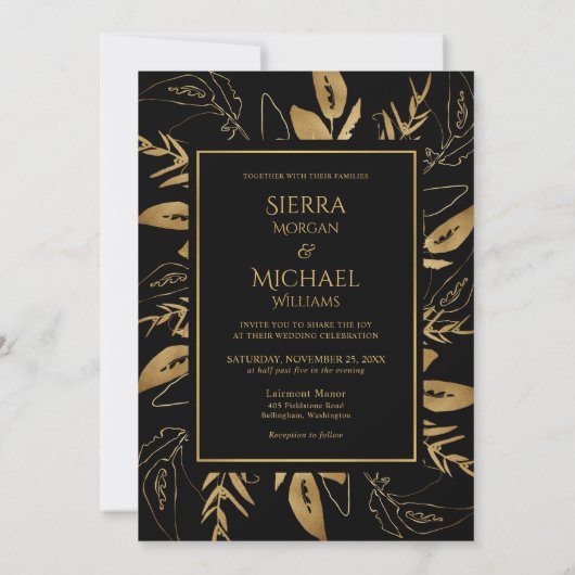 Golden Foliage | Elegant Gold Black Wedding Kaart (Achterkant)