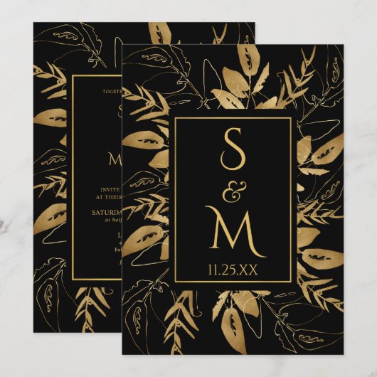 Golden Foliage | Elegant Gold Black Wedding Kaart (Voorkant / Achterkant)