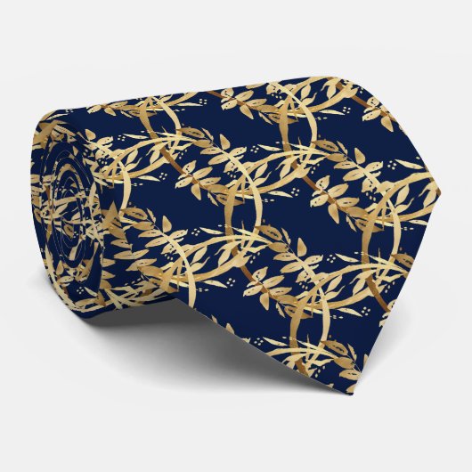 Golden Foliage Wreath Navy Blue Wedding Stropdas (Opgerold)