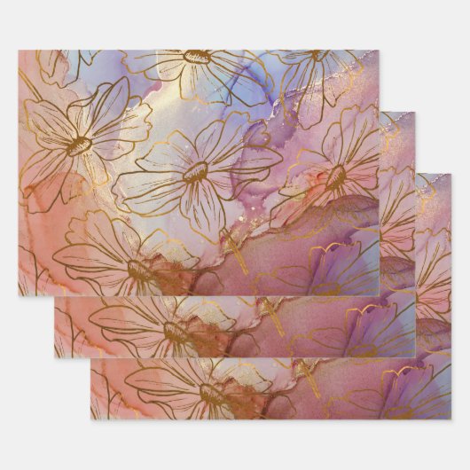 Golden Folie Flowers op Pastel Abstract Inpakpapier Vel (Set)