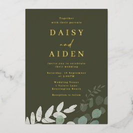 Golden Folie Groene Blad Olijf Bruiloft Uitnodiging