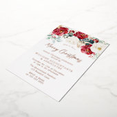 Golden Folie Red White Floral Merry kerst Folie Uitnodiging (Gedraaid)