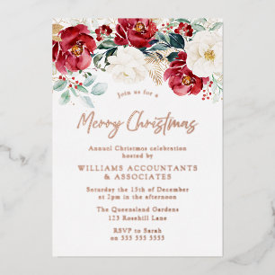 Golden Folie Red White Floral Merry kerst Uitnodiging