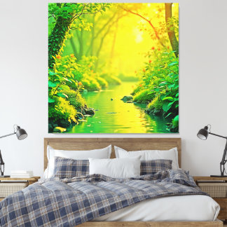Golden Forest Stream Peaceful Art Canvas Afdruk