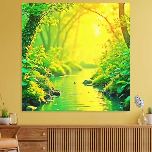 Golden Forest Stream Peaceful Art Canvas Afdruk (Insitu (Woonkamer))