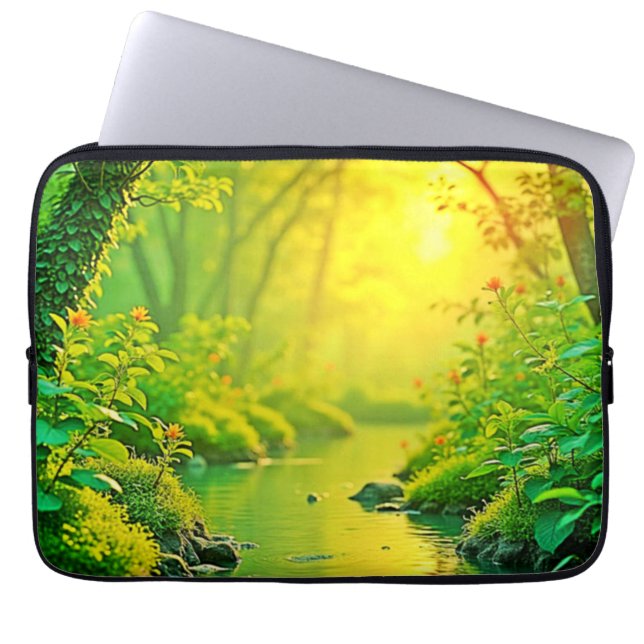 Golden Forest Stream Peaceful Art Laptop Sleeve (Voorkant)