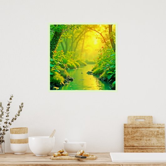 Golden Forest Stream Peaceful Art Poster (Keuken)