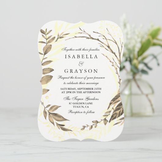 Golden Forest Wreath Wedding Invitation Kaart (Staand voorkant)