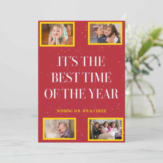 Golden Frame Snowy Red Christmas Cheer Feestdagenkaart (Staand voorkant)
