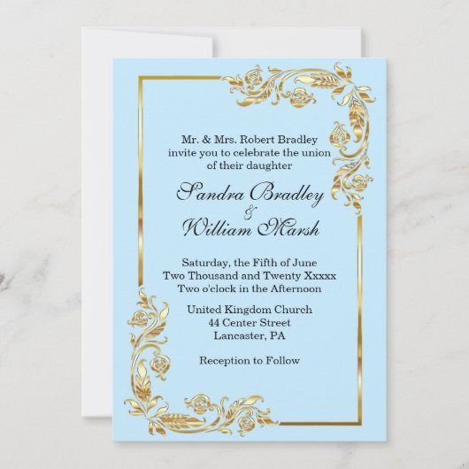 Golden Frame Traditional Blue Invitation Kaart (Voorkant)