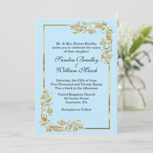 Golden Frame Traditional Blue Invitation Kaart (Staand voorkant)
