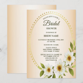Golden Frame White Floral Peach Bridal Shower Kaart