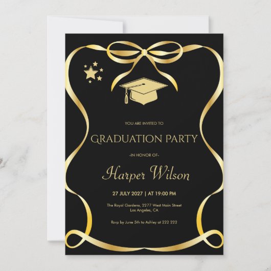 Golden Frame with Bow Graduation Invitation Kaart (Voorkant)