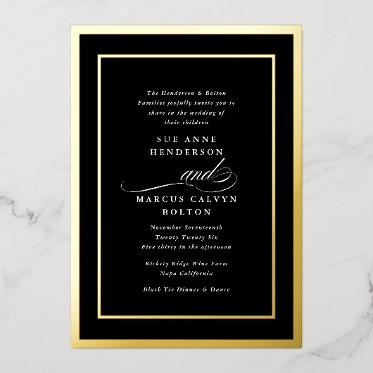Golden Framed | Elegante formele kalligrafie bruil Folie Uitnodiging (Voorkant)