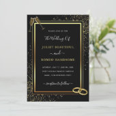 Golden Framed Rings Black Gold Wedding Invitation (Staand voorkant)