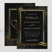 Golden Framed Rings Black Gold Wedding Invitation (Voorkant / Achterkant)